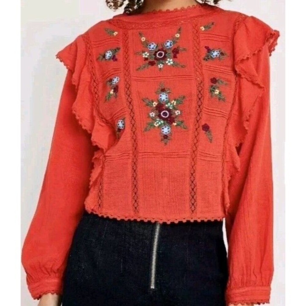 Free People Amy Red Cotton Embroidered Ruffled Gauze Balloon Sleeves XS